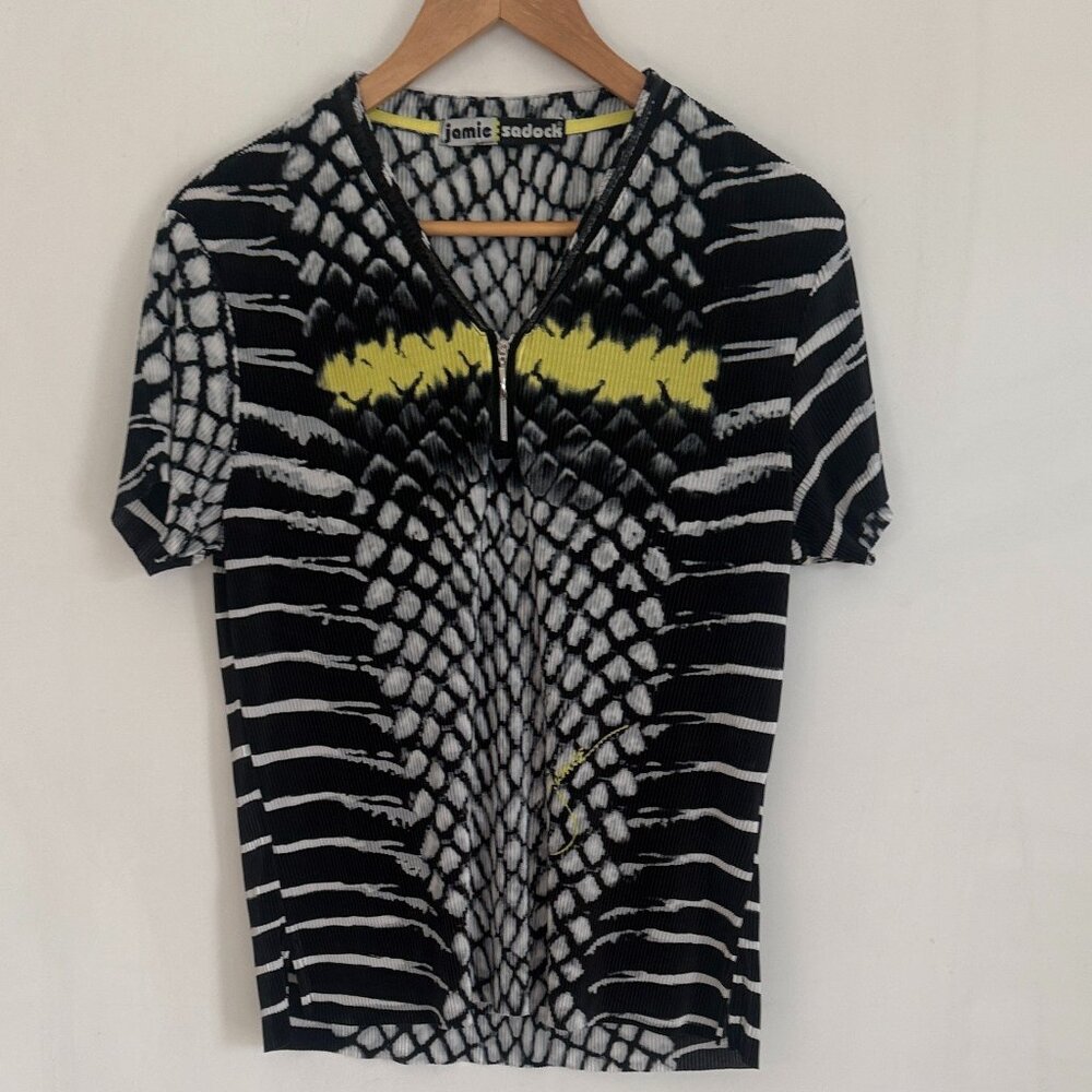 JAMIE SADOCK Women Golf Shirt Black White Crinkle V Neck Short Sleeve Zip Size L